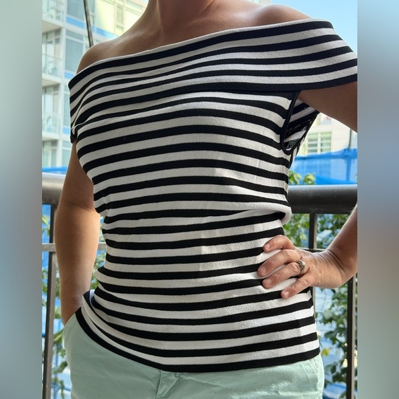 Danier Tops - Danier Black and White Striped Off-Shoulder Blouse